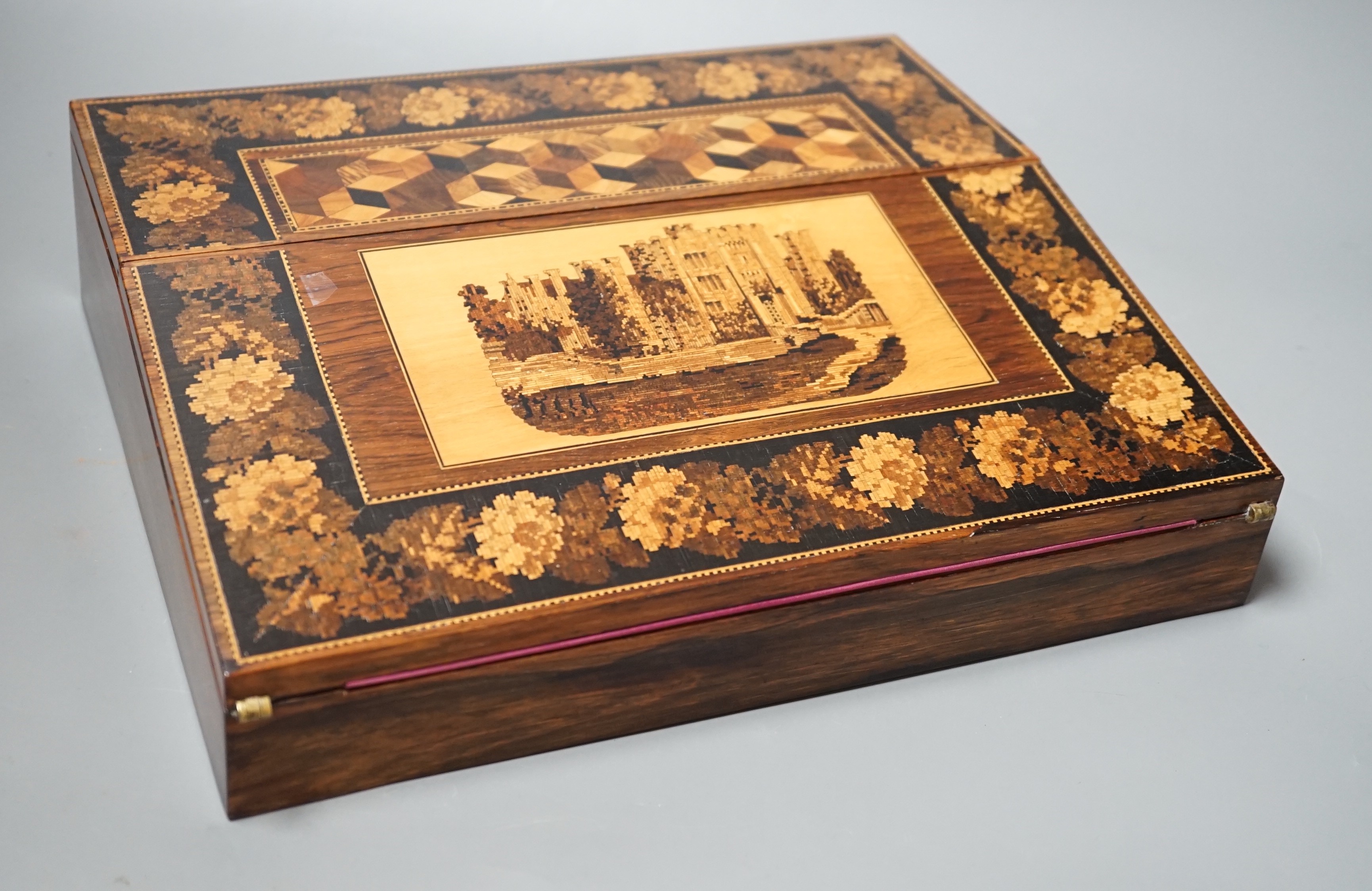 A Tunbridge ware rosewood, perspective cube marquetry and mosaic writing slope, view of Hever castle, 30.5cm wide